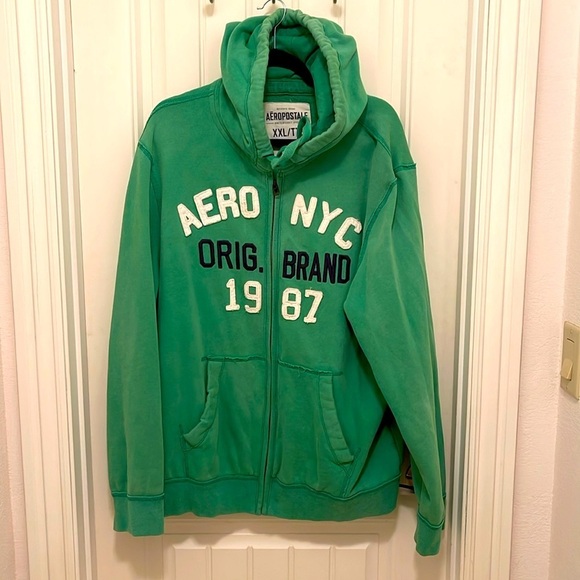 Aeropostale hoodie full zipper front‎ men’s size XXL Green with logos, stained - Picture 1 of 14